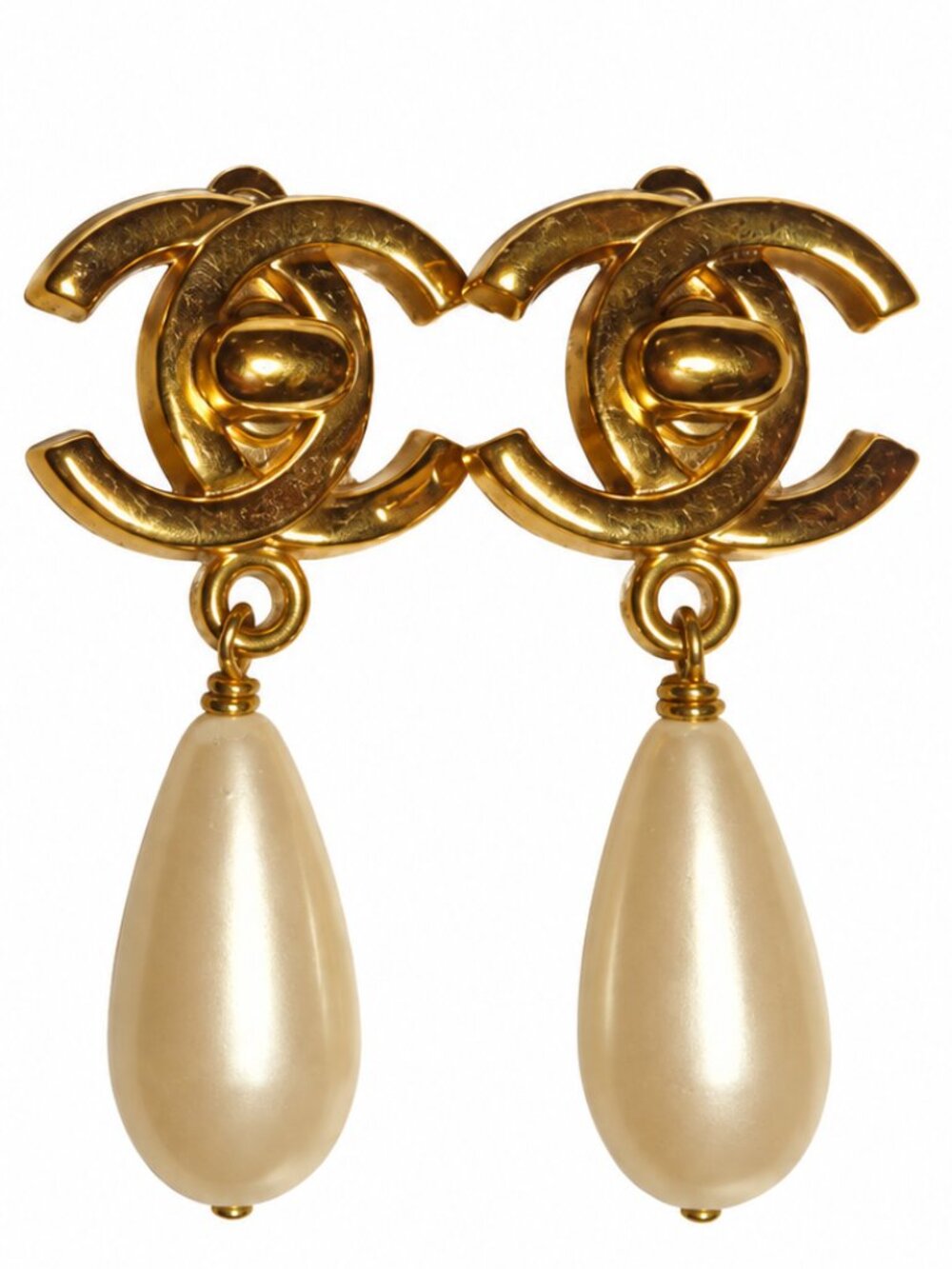 Chanel Vintage CC Faux Pearl Tear Drop Earrings
